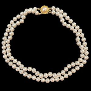 Elegant Vintage Silk Strung Double Strand Glass Pearl Necklace Gold Plated Clasp